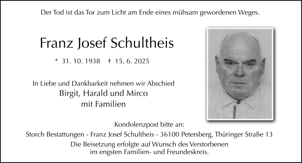  Traueranzeige für Franz Josef Schultheis vom 05.07.2025 aus FZ