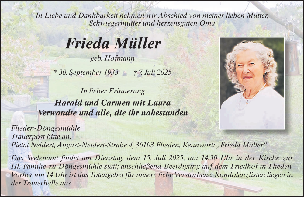  Traueranzeige für Frieda Müller vom 12.07.2025 aus FZ