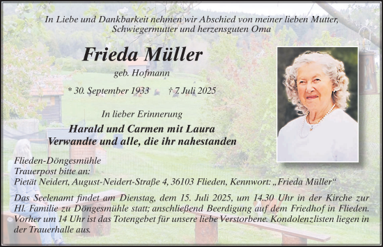 Traueranzeige von Frieda Müller von FZ