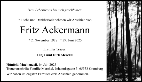 Traueranzeige von Fritz Ackermann von FZ