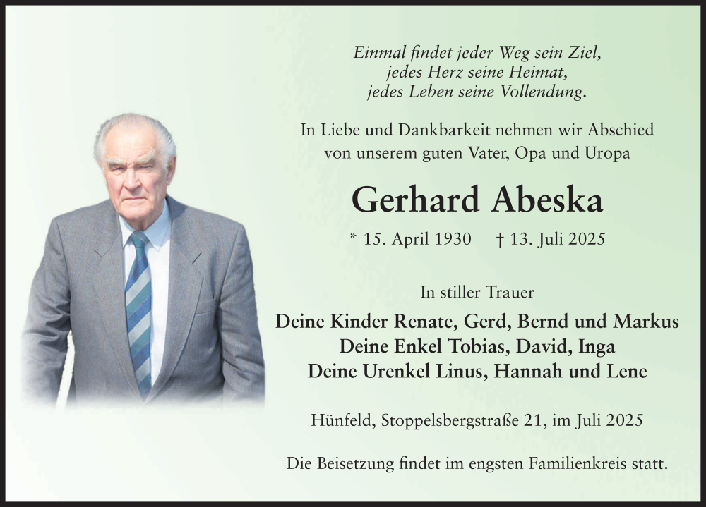  Traueranzeige für Gerhard Abeska vom 19.07.2025 aus FZ