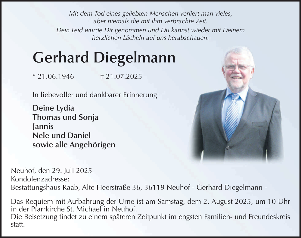 Traueranzeige für Gerhard Diegelmann vom 29.07.2025 aus FZ