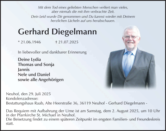 Traueranzeige von Gerhard Diegelmann von FZ
