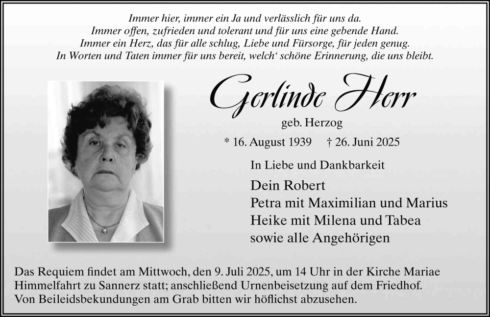  Traueranzeige für Gerlinde Herr vom 05.07.2025 aus FZ