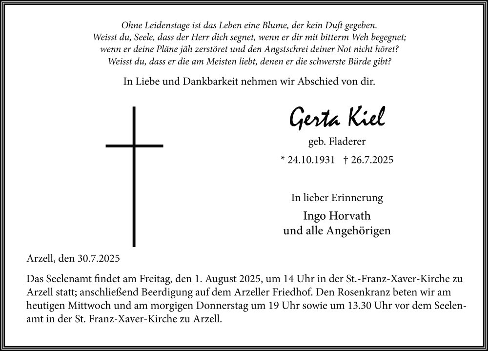  Traueranzeige für Gerta Kiel vom 30.07.2025 aus FZ