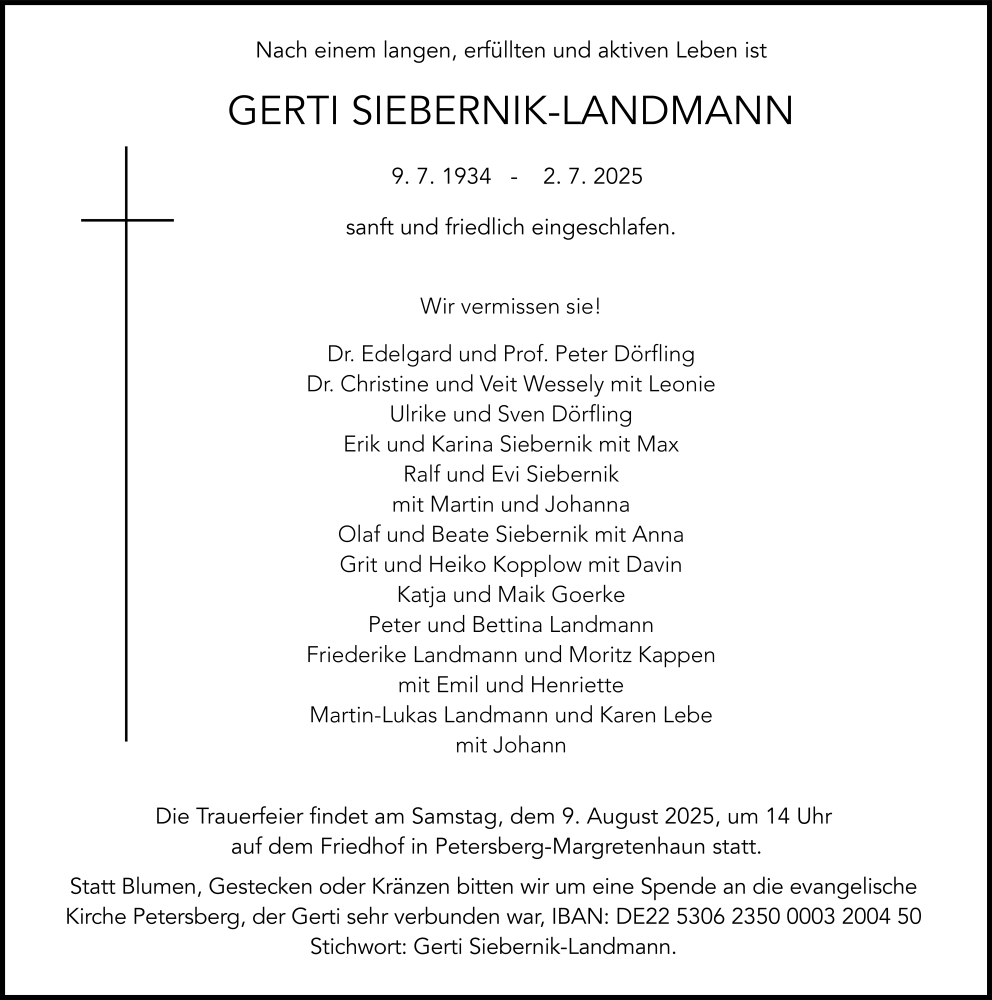  Traueranzeige für Gerti Siebernik-Landmann vom 30.07.2025 aus FZ