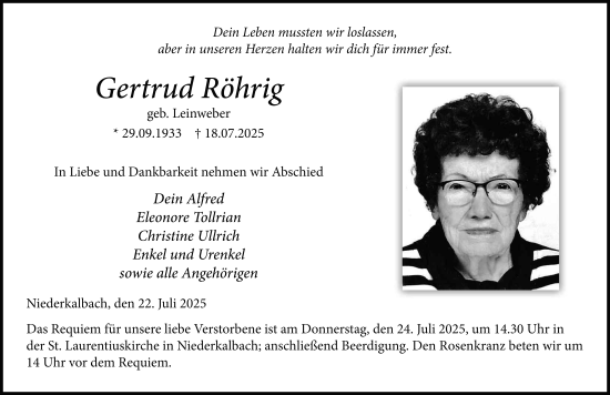Traueranzeige von Gertrud Röhrig von FZ