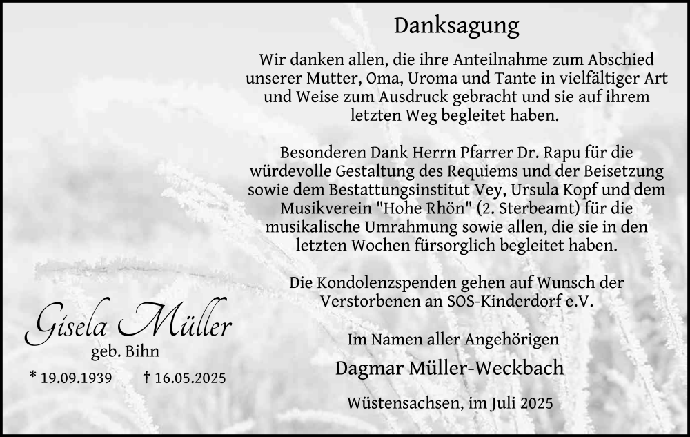  Traueranzeige für Gisela Müller vom 09.07.2025 aus FZ