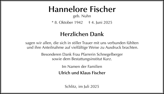 Traueranzeige von Hannelore Fischer von FZ