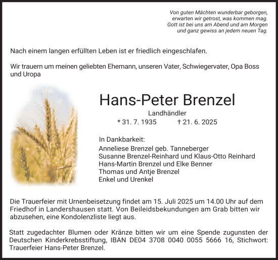 Traueranzeige von Hans-Peter Brenzel von FZ