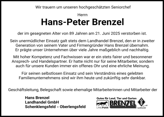 Traueranzeige von Hans-Peter Brenzel von FZ