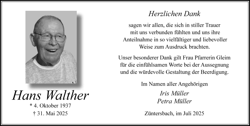  Traueranzeige für Hans Walther vom 26.07.2025 aus FZ