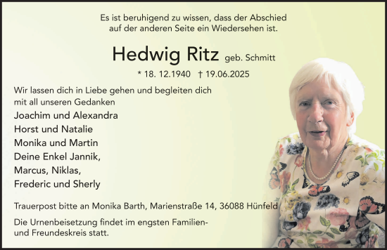 Traueranzeige von Hedwig Ritz von FZ