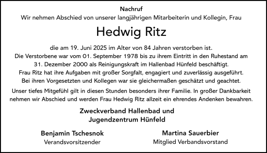 Traueranzeige von Hedwig Ritz von FZ