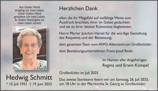 Traueranzeige von Hedwig Schmitt von FZ