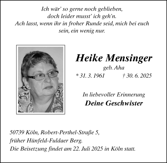 Traueranzeige von Heike Mensinger von FZ