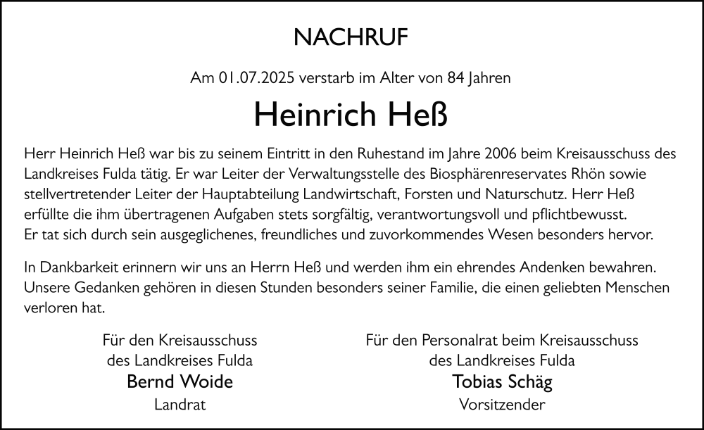  Traueranzeige für Heinrich Heß vom 09.07.2025 aus FZ