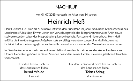 Traueranzeige von Heinrich Heß von FZ