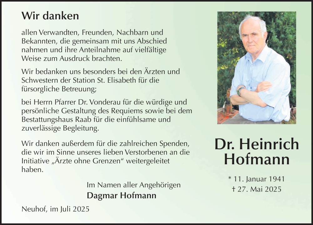  Traueranzeige für Heinrich Hofmann vom 19.07.2025 aus FZ