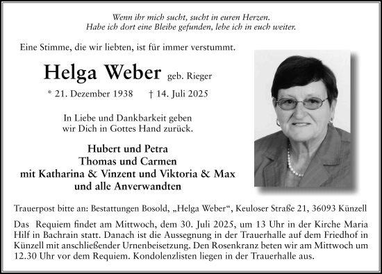 Traueranzeige von Helga Weber von FZ
