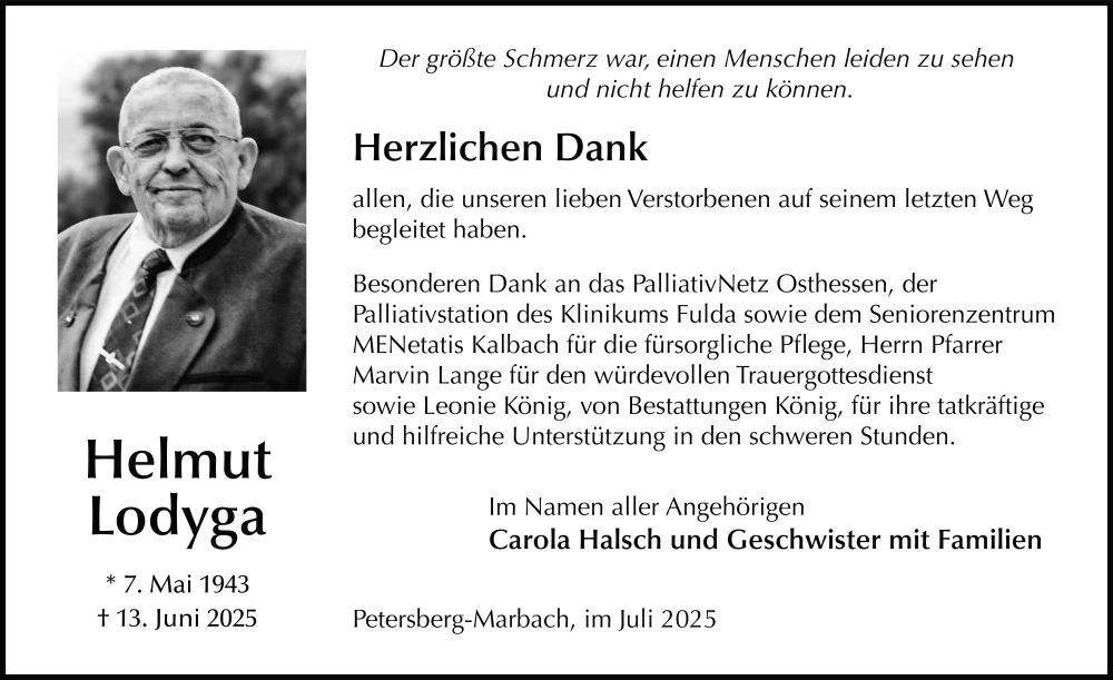  Traueranzeige für Helmut Lodyga vom 16.07.2025 aus FZ