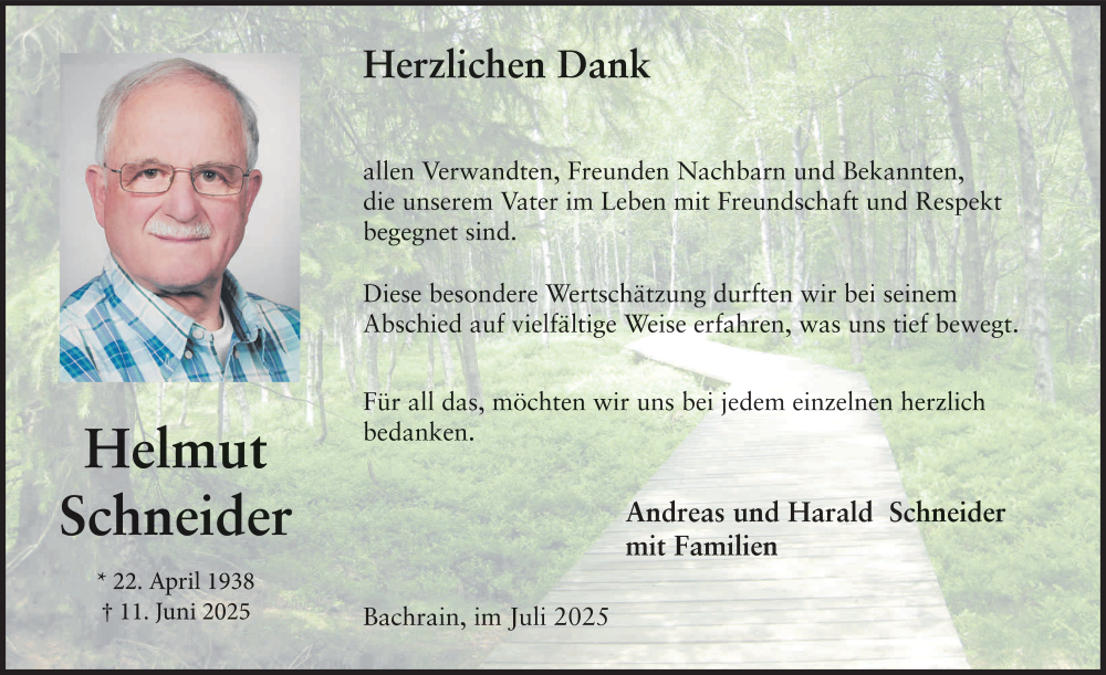  Traueranzeige für Helmut Schneider vom 12.07.2025 aus FZ