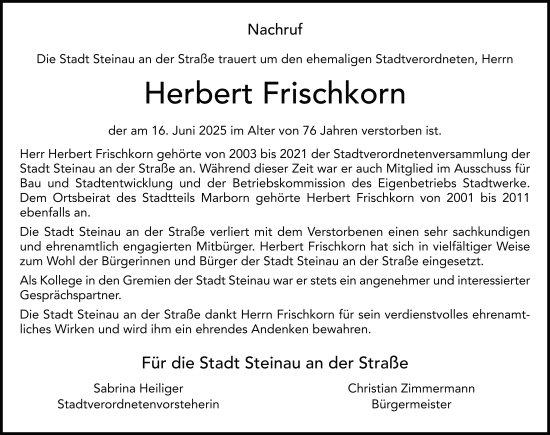 Traueranzeige von Herbert Frischkorn von FZ