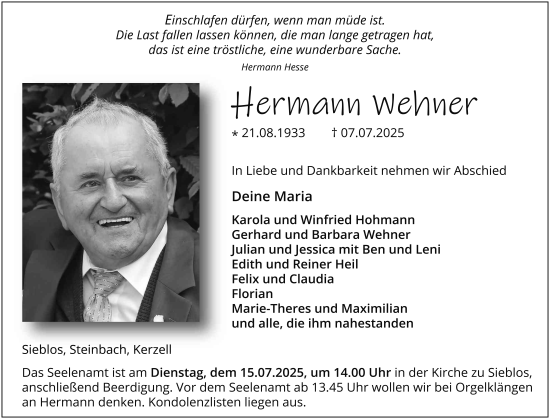 Traueranzeige von Hermann Wehner von FZ