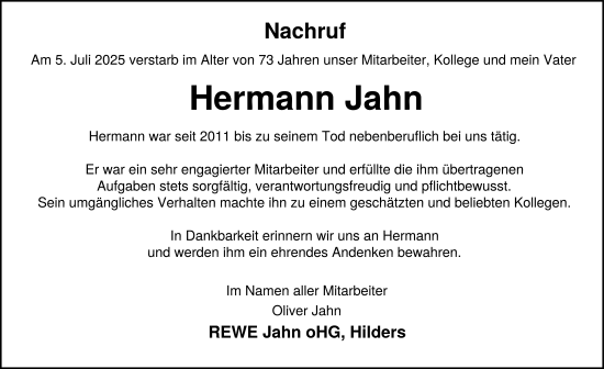 Traueranzeige von Hermann Josef Jahn von FZ