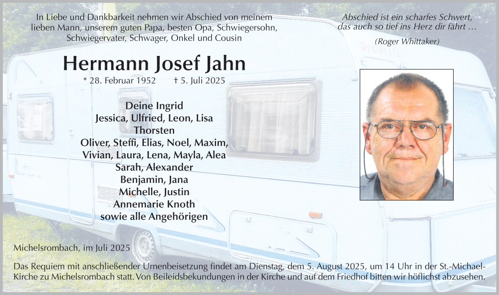  Traueranzeige für Hermann Josef Jahn vom 30.07.2025 aus FZ