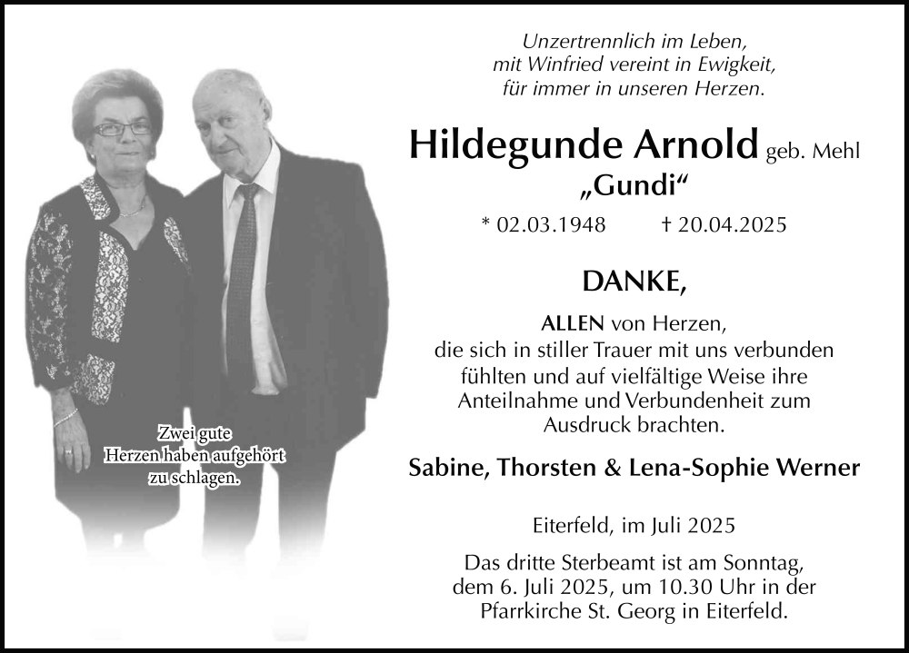  Traueranzeige für Hildegunde Arnold vom 04.07.2025 aus FZ