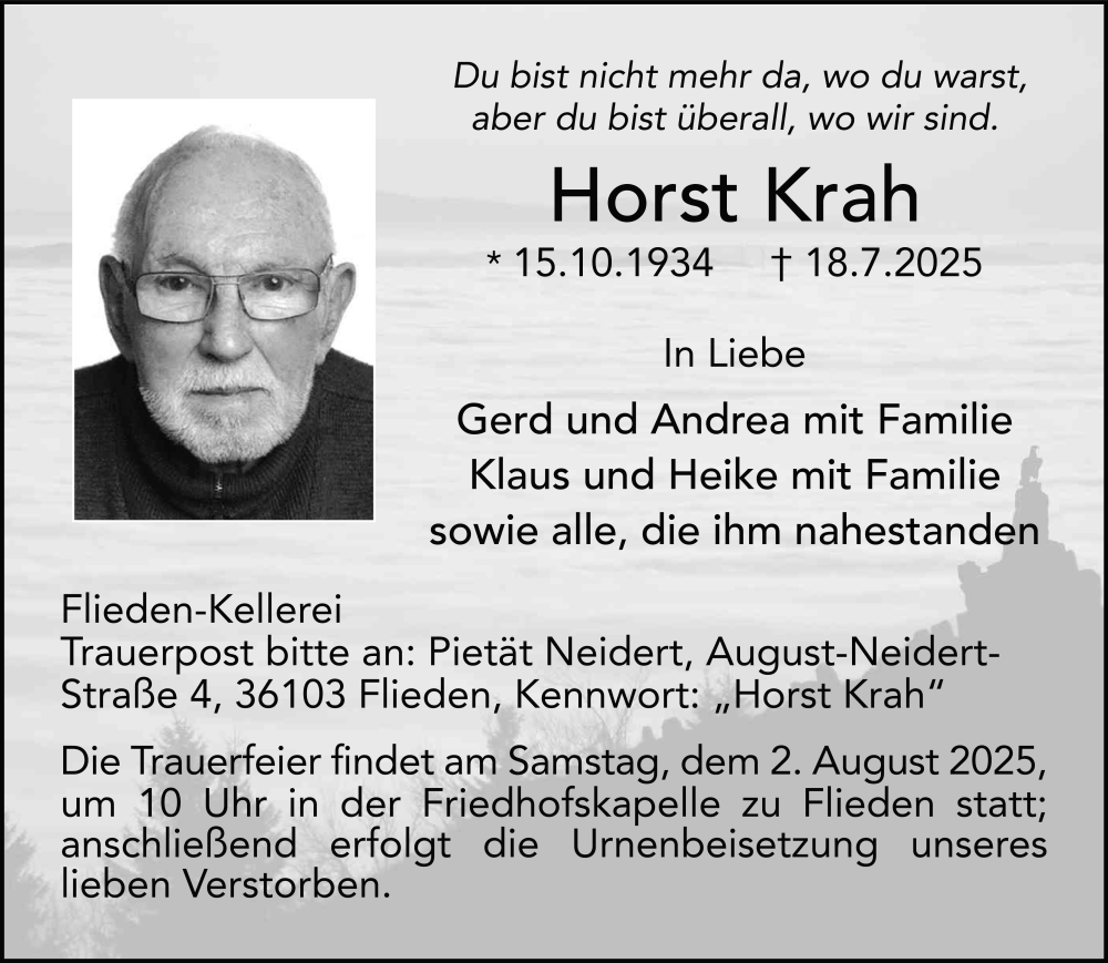  Traueranzeige für Horst Krah vom 26.07.2025 aus FZ