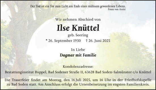 Traueranzeige von Ilse Knüttel von FZ