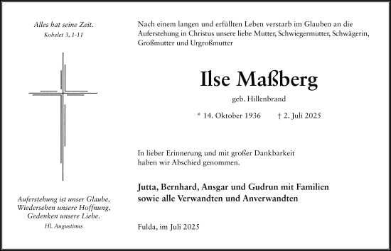 Traueranzeige von Ilse Maßberg von FZ