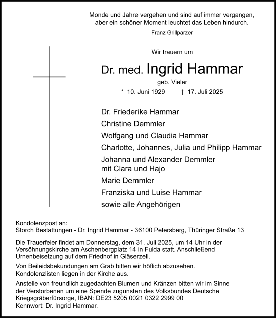 Traueranzeige von Ingrid Hammar von FZ