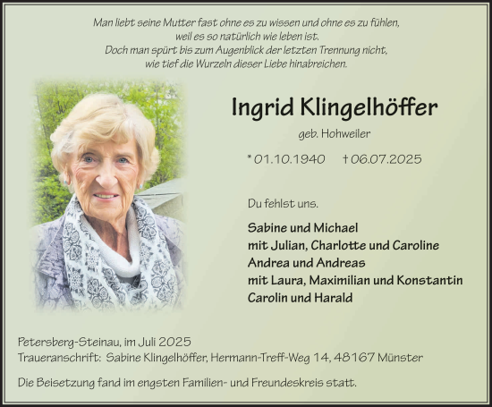 Traueranzeige von Ingrid Klingelhöffer von FZ