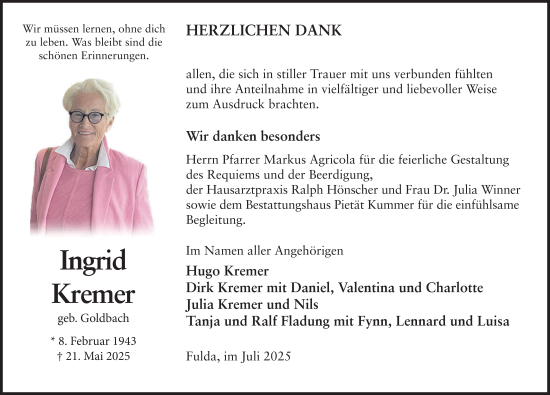 Traueranzeige von Ingrid Kremer von FZ