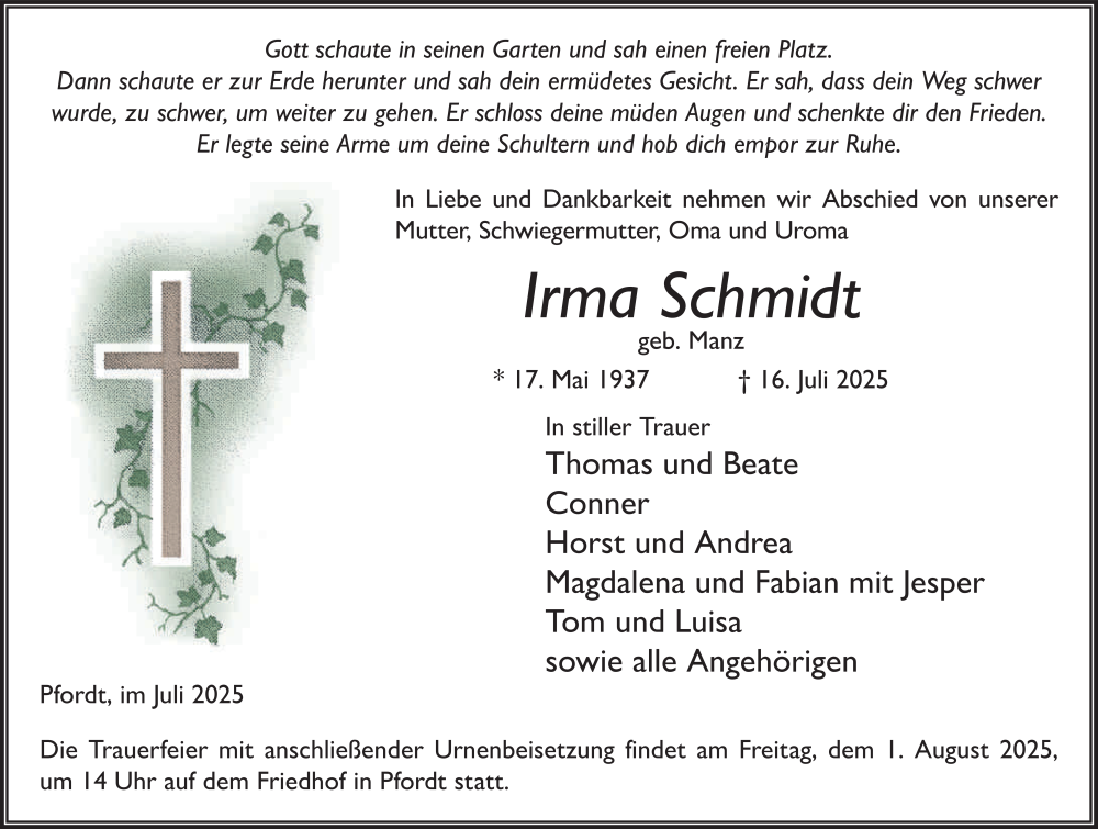  Traueranzeige für Irma Schmidt vom 29.07.2025 aus FZ