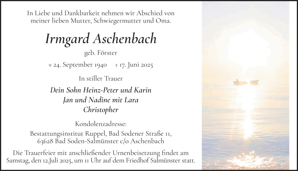  Traueranzeige für Irmgard Aschenbach vom 05.07.2025 aus FZ