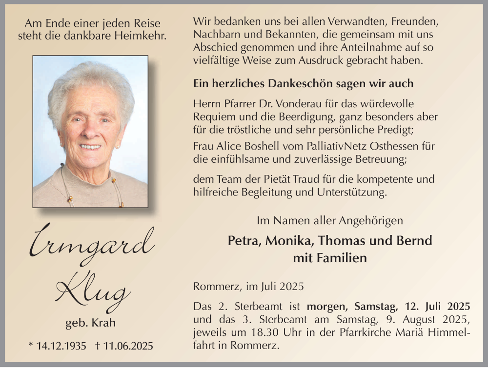 Traueranzeige für Irmgard Klug vom 11.07.2025 aus FZ
