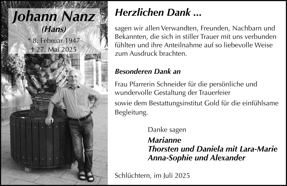  Traueranzeige für Johann Nanz vom 05.07.2025 aus FZ