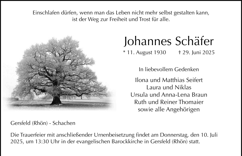  Traueranzeige für Johannes Schäfer vom 08.07.2025 aus FZ