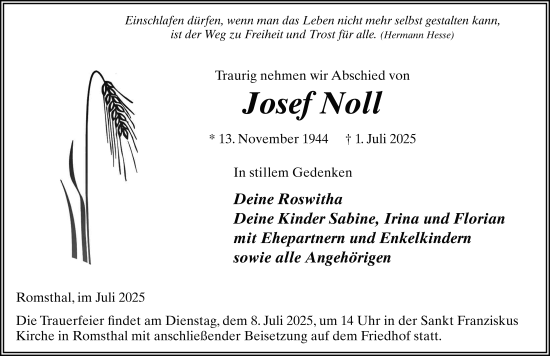 Traueranzeige von Josef Noll von FZ
