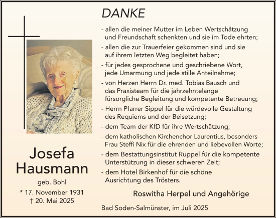 Traueranzeige von Josefa Hausmann von FZ