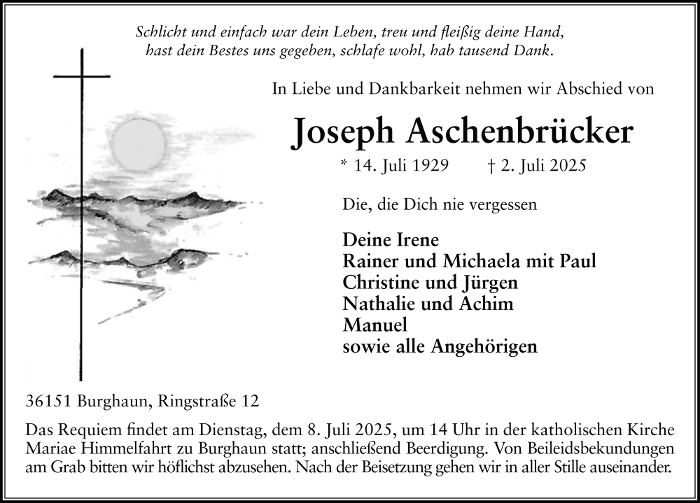  Traueranzeige für Joseph Aschenbrücker vom 05.07.2025 aus FZ
