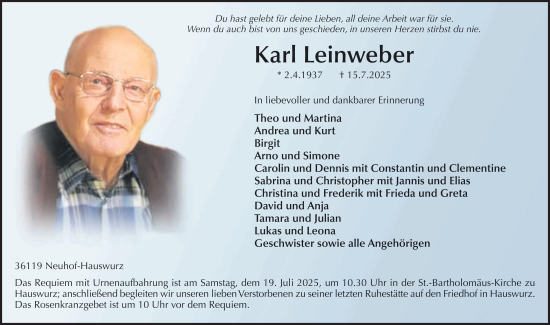 Traueranzeige von Karl Leinweber von FZ