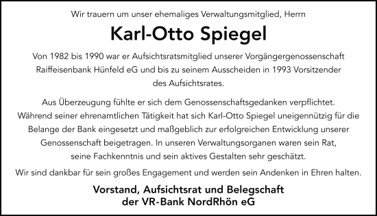 Traueranzeige von Karl-Otto Spiegel von FZ