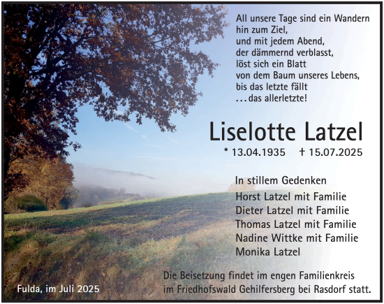 Traueranzeige von Liselotte Latzel von FZ