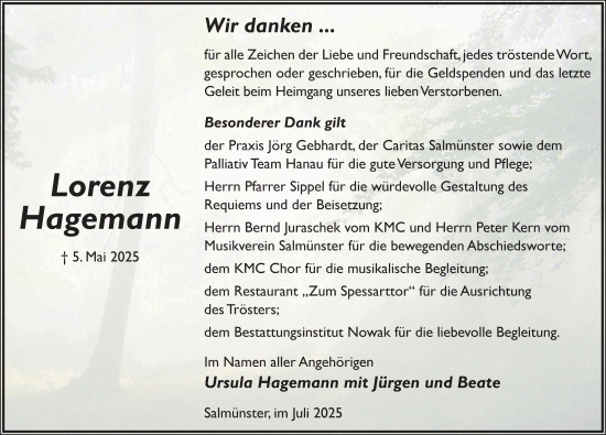 Traueranzeige von Lorenz Hagemann von FZ