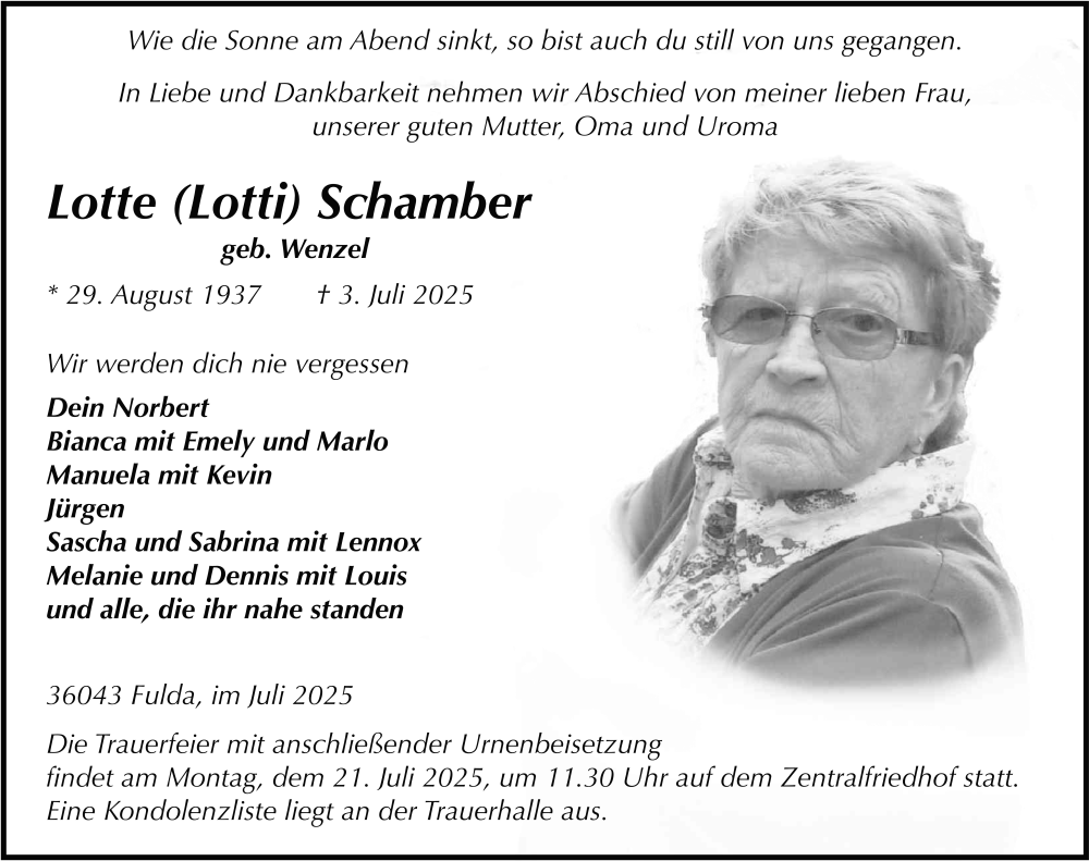  Traueranzeige für Lotte Schamber vom 19.07.2025 aus FZ